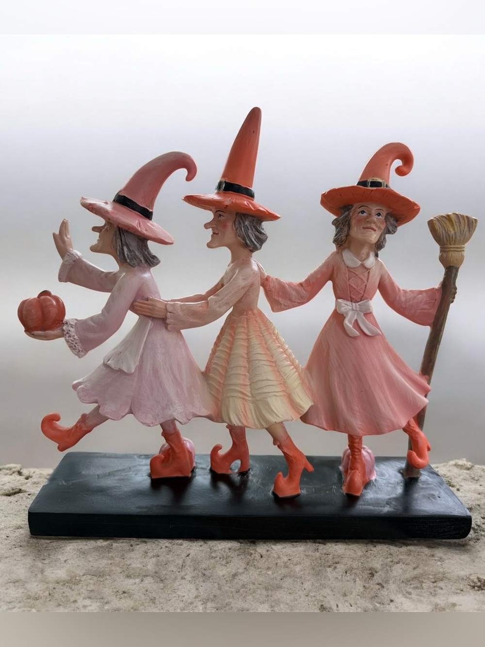 Whimsical Pastel Colored Halloween Three-Witch Resin Figurine - Pink & Coral